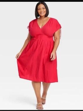 Ava & Viv 100% Cotton Red Ruched Shoulder Contemporary Midi Babydoll Sun Dress